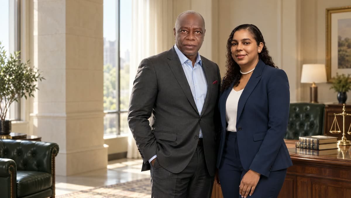 Deux avocats du Cabinet KASSI Abel, debout côte à côte dans un bureau lumineux